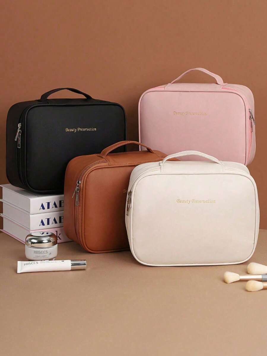 1pc Large Capacity Multi-Layer Compartment PU Waterproof Zipper Makeup Bag, Handheld Large Capacity PU Waterproof Makeup Case, Detachable Multi-Layer Makeup Organizer, Detachable Makeup Brush Bag, Portable Travel Lipstick Storage Bag, Toiletry Bag, Cosmetics & Skincare Storage Organizer, Suitable For Travel - Multicolor - View 1