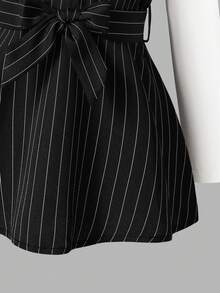 2pcs/Set Fashionable Girls' Spring/Autumn Outfit, Including Collared V-Neck Colorblock Long Sleeve Top And Striped Elastic Waist Straight Leg Pants, Elegant Suit Style, Comfortable And Versatile For Outdoor, Party, Afternoon Tea, Birthday Gift