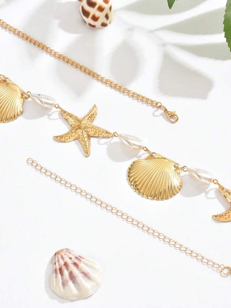 1 件金色精致腰链珍珠海星饰品波西米亚贝壳夏季沙滩腰链适合海滩度假佩戴很棒的沙滩礼物夏季度假沙滩吊坠项链沙滩贝壳饰品 - 金色 - 查看 2