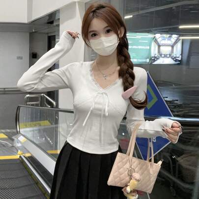V넥 레이스 패치워크 크리스 크로스 타이 긴소매 슬림핏 베이스 레이어 티셔츠