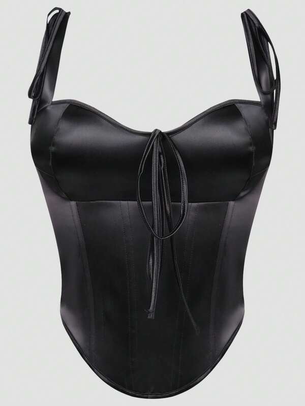 Bustier moulant noir en satin avec lacets sur les épaules, pour la vie quotidienne, les sorties et les rendez-vous pour femmes