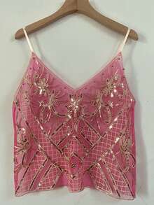Women Y2k Sequin Cami Top Sheer Mesh Embroidered Beaded Tank Top Sleeveless Backless Sparkly Crop Tops - 粉色 - 查看 2