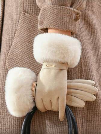 1 Pair Women's Winter Cycling, Skiing, Hiking Touchscreen Warm Gloves - Thermal Lined Thickened Beige Fur Trim Gloves, Non-Elastic Cold-Proof Gloves For Outdoor Activities And Daily Use, Comfortable Design With Thermal Lined, Casual Style