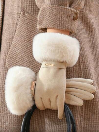 女士冬季骑行、滑雪、徒步触屏保暖手套一双装 - 加厚米色毛边保暖手套，无弹性防寒手套，适合户外活动和日常使用，舒适保暖内衬，休闲风格