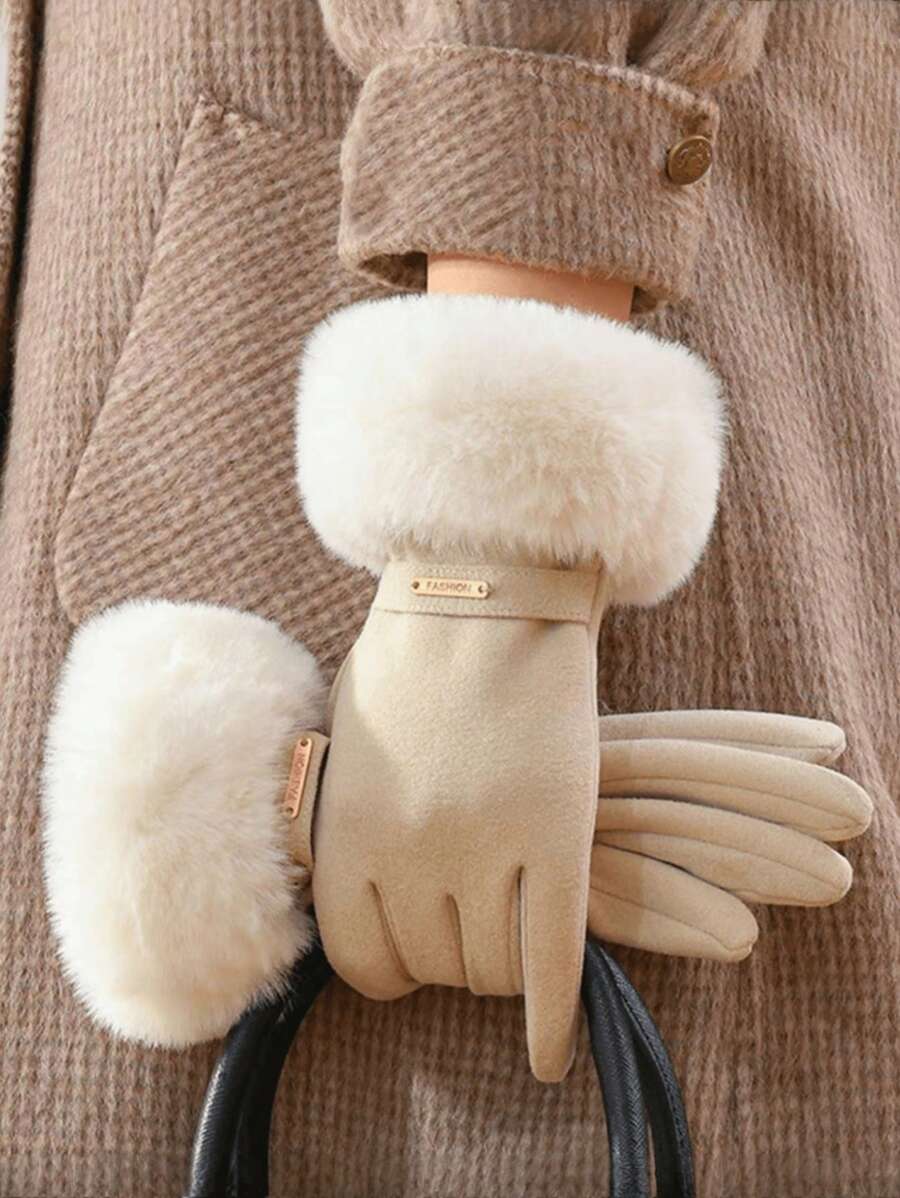 女士冬季骑行、滑雪、徒步触屏保暖手套一双装 - 加厚米色毛边保暖手套，无弹性防寒手套，适合户外活动和日常使用，舒适保暖内衬，休闲风格
