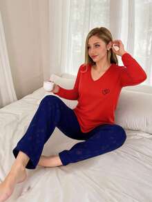 Mirano Slogan Print Short Sleeve Top & Cherry Pattern Long Pants Pajama Set - Red - View 5