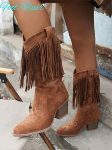 Botas femininas estilo western com franjas bordadas, corte em V, bico fino e salto bloco, estilo boêmio, sem cadarço, de cano médio, na cor marrom, combinação perfeita com suéteres para festivais de música e atividades ao ar livre - Castanho - Ver 5