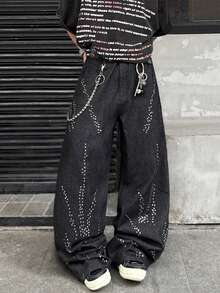 Infinite Jeans 1pc American Vintage Personalized Rhinestone Distressed Ripped Wide Leg Jeans Loose Fit Long Pants For Men (Product Does Not Include Belt And Accessories) - Black - View 6