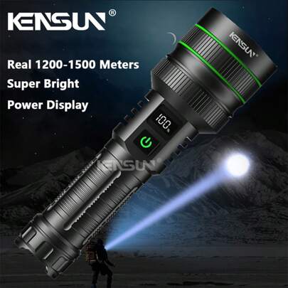 KENSUN 1 PIEZA Linterna LED ultrabrillante recargable por USB, lámpara de reflector de alto poder, antorcha táctica resistente al agua, con indicador de energía, alto lumen, para camping, pesca, caza, emergencias, accesorios de camping
