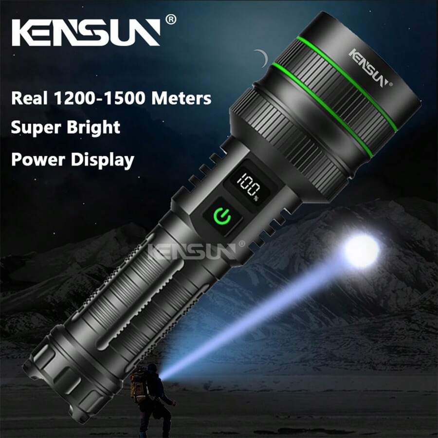 KENSUN 1入 高亮度LED手電筒 可縮放遠射聚光燈 USB充電式 電量顯示 露營釣魚攀岩健行緊急照明用