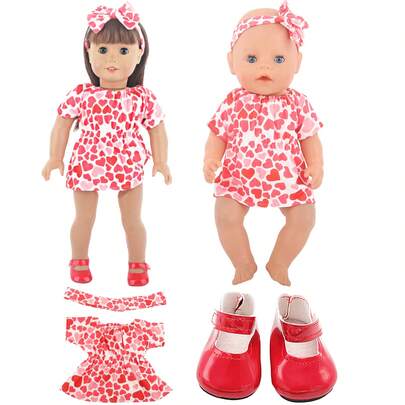 18-Inch American Girl Doll Outfit Set: Heart Dress + Headband + Shoes, Suitable For 17-Inch Newborn And OG Russian Girl Dolls