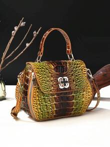 Classic Solid Color Mini Square Handbag, Crocodile Pattern Top Handle Bag For Women - 6#黃+棕 - 查看 3