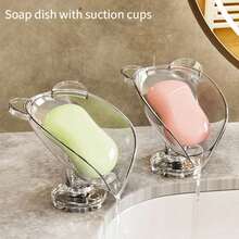 1/2pcs Cartoon Style Soap Dish With Strong Suction Cup - No Drilling Required, Self-Draining Design, V Shape, Clear And Gray, Perfect For Bathroom, Boat, RV, Soap Dish Holder - Multicolor - View 3