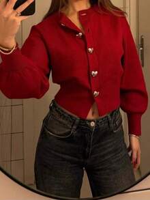 Áo len dệt kim tay lỡ cài nút hình trái tim Seelio dành cho nữ mùa thu/đông, áo len ngày lễ và ngày lễ tình nhân - Đỏ - Xem 1