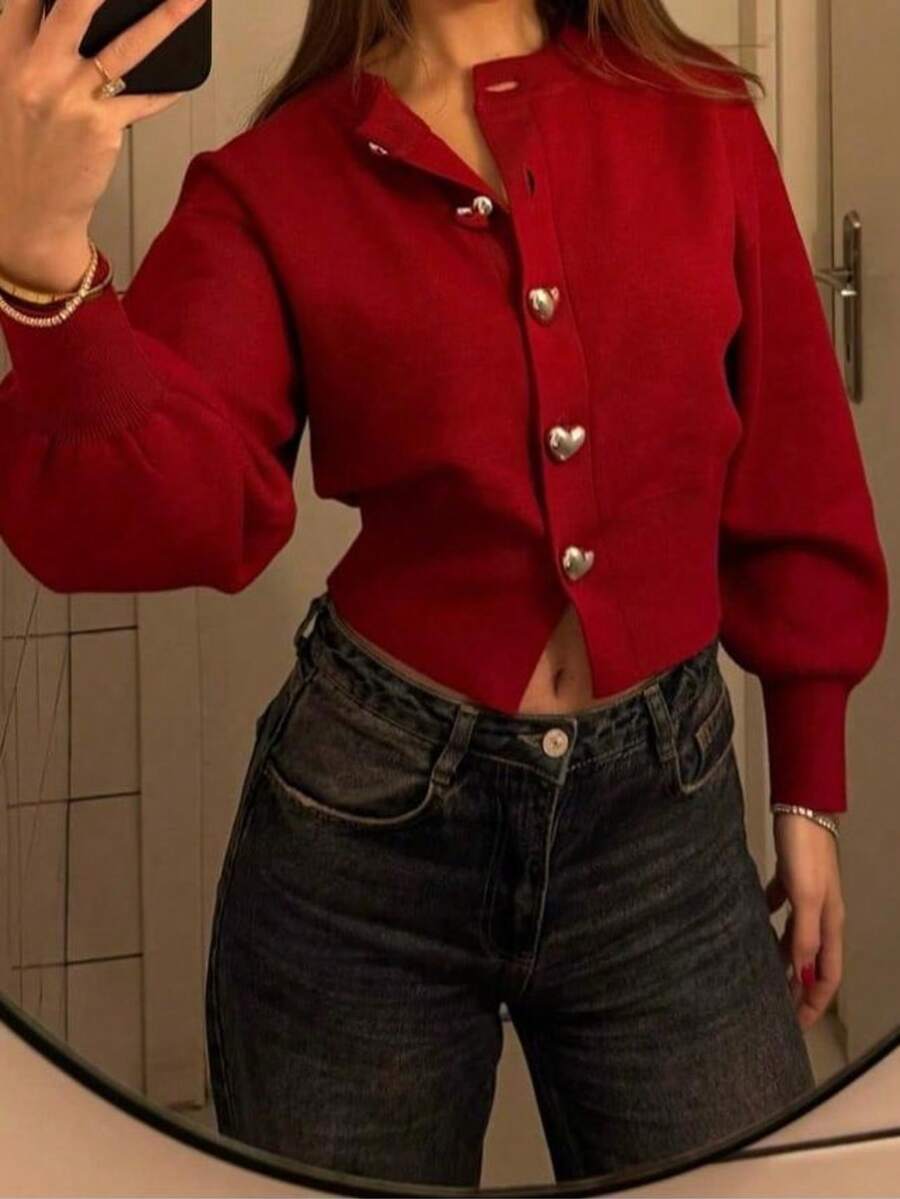 Áo len dệt kim tay lỡ cài nút hình trái tim Seelio dành cho nữ mùa thu/đông, áo len ngày lễ và ngày lễ tình nhân - Đỏ - Xem 1