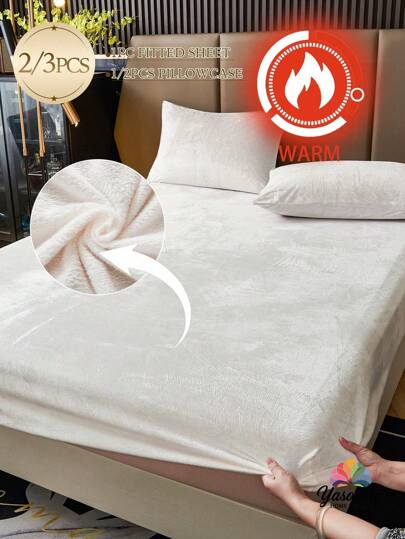 2/3pcs Beige Velvet Fitted Sheet Set Warm Soft Solid Fuzzy Fitted Sheet Set King Queen Full Twin Size, Luxury Super Soft Cozy Comfy Bottom Sheet With 11.8" Deep Pocket,Suitable For Fall Winter And Spring 1Fitted Sheet+1/2Pcs Pillowcases Domitory Bedding Back School Bedding