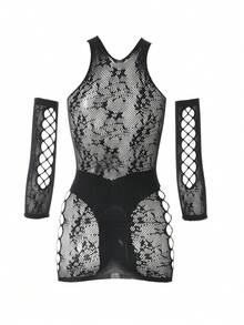 Sexy Black Lace Tight-Fitting Sleeve Dress, Hollowed-Out Design, Solid Color, Suitable For Romantic Date Night
