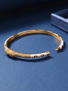 1pc Luxurious Style Copper Drop Oil Light Blue Fine Circle Pattern Bow Knot Decorated Open Bangle Bracelet For Women, Suitable For Dubai Wedding Valentines,Mom,Mother,Mother's Day,Gift