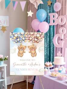 个性化名字泰迪熊性别揭晓欢迎牌，男宝宝或女宝宝派对装饰模板，波西米亚水彩小熊与气球，婴儿派对海报，无框，旅行收纳包 - 彩色 - 查看 3