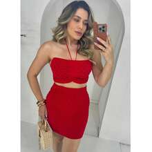 Conjunto Tricot Feminino Modal Escama Top Versatil Amarracao E Saia Curta Para Praia Passeio Verão Tamanho Unico Elastico. - Vermelho - Visão 3