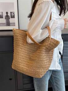 Baila Morena Straw Beach Tote Bag Women Large Faux Leather Striped Shoulder Tote Bag Hand Strap With Zipper - màu nâu - Xem 3