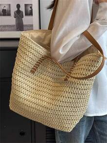Baila Morena Straw Beach Tote Bag Women Large Faux Leather Striped Shoulder Tote Bag Hand Strap With Zipper - 杏色 - 查看 2