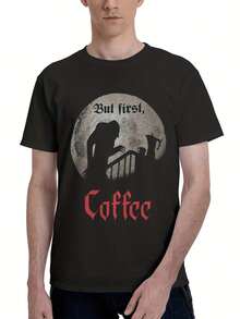 Camiseta impresa de café Nosferatu But First, divertida, de manga corta, suelta y de gran tamaño para hombres - Negro - Ver 3