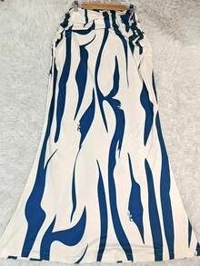 女士腰部褶皱印花美人鱼裙摆优雅春装 - 藍色 - 查看 3