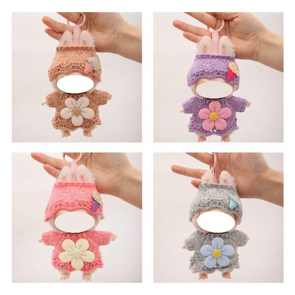 3D Floral Sweater, Paired With Knit Hat, For LABUBU Set, Ice Cream Element Holiday Birthday Gift (Excluding Plush Doll)