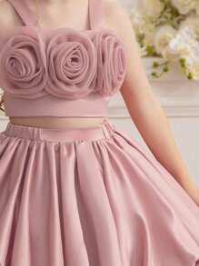 2pcs/Set Young Girl Floral Embroidered Pink Spaghetti Strap Dress, Elegant Princess Style Outfit Suitable For Birthday Party, Wedding, School Performance, Holiday Occasions