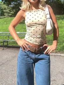 Women Y2k Crop Tops  Polka Dot Print Tank Tops Sleeveless Slim Fit Vintage Clothes - 米色 - 查看 1