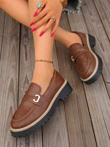 女士简约乐福鞋，时尚朋克圆头中跟鞋，舒适时尚，百搭休闲鞋 - 棕色 - 查看 7