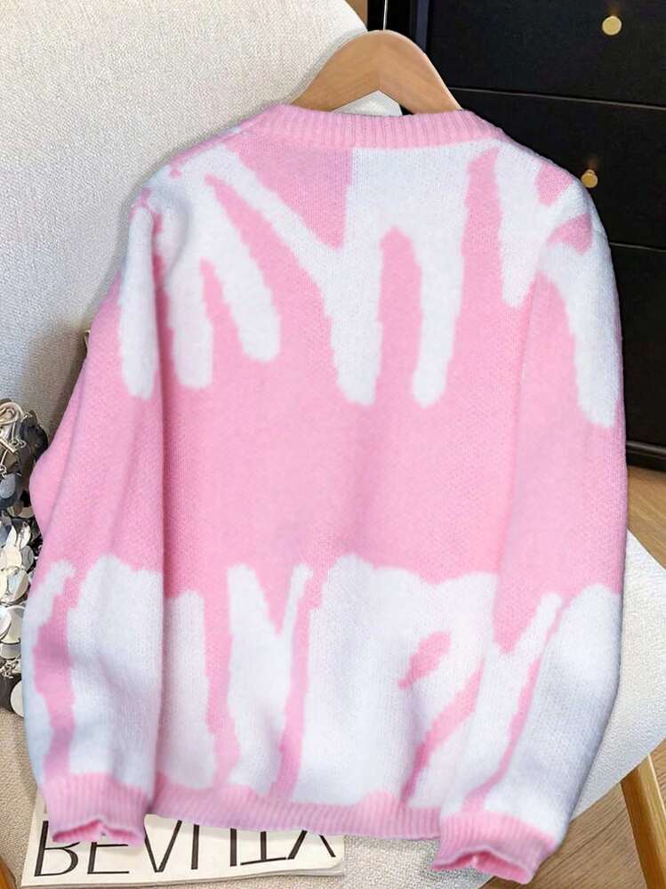1pc Teens' Girls Elegant Fashion Daily Commute School Vintage Colorblock Casual Comfortable Pullover Knit Sweater, Spring Autumn Winter - Pink - View 2