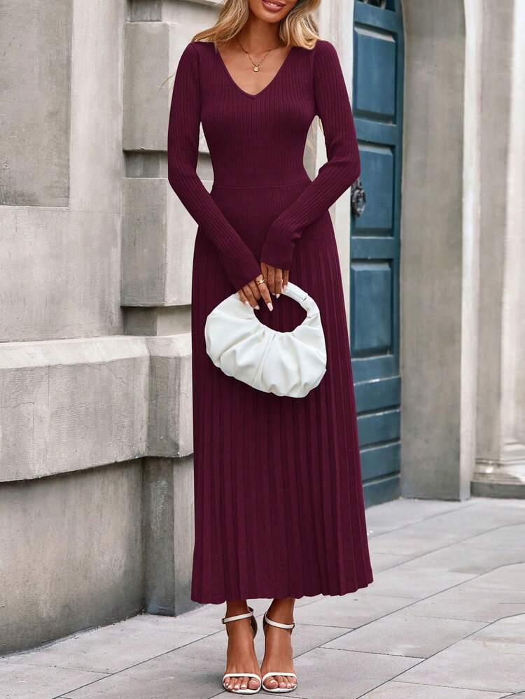 Women Sweater Dress Fall Fashion  Long Sleeve V Neck Ribbed Knit Pleated A Line Elegant Maxi Winter New Years Vacation  Dresses Vestidos Elegantes De Mujer - 酒紅色 - 查看 4