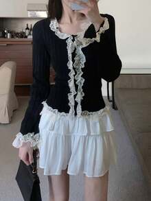 Áo khoác cardigan dài tay nữ viền ren Pháp, ôm dáng, thích hợp cho mùa thu/đông, kiểu dáng ngọt ngào nữ tính, phù hợp mặc hàng ngày và hẹn hò, áo dài tay màu đen. - màu đen - Xem 4