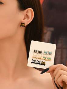 6 أزواج من أقراط الأذن ذات الطراز الجوتي بتصميم قطة سوداء كرتونية جميلة، مجموعة مجوهرات هالوين، اكسسوارات حفلة العطلات