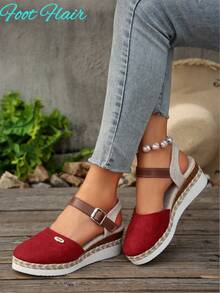 Sandalias de mujer talla grande con bloque de color, tira trasera sin espalda, suela de cuerda de cáñamo, plataforma ligera, cuña y estilo romano para playa y vacaciones - Rojo - Ver 3