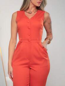 Women's Tailored Jumpsuit With Button At The Front C3154 - Orange - View 7
