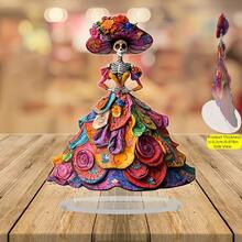 2D Bohemian Style Crystal Skull Statue - Vibrant Floral And Skull Design, Multipurpose Tabletop Decor For Living Room, Bedroom Or Office, Unique Home Gift - 6.3x7.9 Inches, Boho Room Decor | Lively Skull Design | Intricate Craftsmanship, No Power Required - Multicolor - View 2