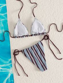 女士比基尼套装，泳衣，休闲蓝棕条纹系带露背比基尼两件式泳衣，高腰带垫泳衣，性感夏季沙滩装，沙滩度假服，女士夏季沙滩露背装，Y2K 坏女孩风格度假装 - 彩色 - 查看 5