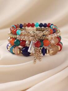 4 件套波西米亚复古串珠叶流苏吊坠多层手链，适合女士休闲、沙滩、度假穿着 - 彩色 - 查看 4