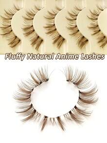 Rikuaild 5 Pairs Cartoon Style Brown False Eyelashes, Anime Style, Fluffy & Natural, Lightweight & Soft, Time-Saving, Brown Lash Extension Tools, Cartoon Doll Transparent Band, Reusable, Natural Lash Look, Makeup False Lashes - Cat eye Lashes - View 4