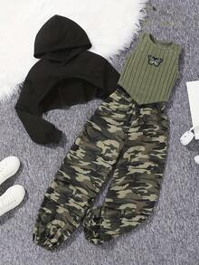 Conjunto de pantalones de otoño para niñas con parte superior con capucha de manga larga, chaleco acanalado y pantalones camuflados - Verde militar - Ver 1