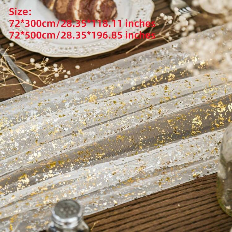 1 条装金色薄纱桌旗，72*300/500 厘米，闪光金属箔，透明雪纺薄纱，透明餐厅、婚礼、周年纪念、节日、生日餐桌装饰，适合家庭聚会、新娘、淋浴、金色派对餐桌装饰、圣诞节、新年、万圣节 - 彩色 - 查看 4