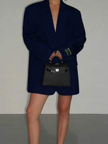 Women's Navy Blue Casual Loose Blazer Jacket With Letter Print, Suitable For Banquet, Wedding, Festival, Party, Women's Halloween, Christmas Outfits And More Occasions