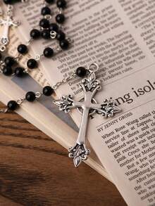 1pc Black Crystal Rosary Necklace Long Cross Pendant For Men Women Religious Y Necklace Jewelry - Black - View 5