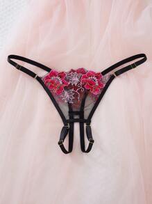 2pcs/Set Fuchsia Embroidered Lace Trim Hollow-Out Floral Bralette Lingerie Set, Sexy Open Crotch Pants, Classic & Seductive Sleepwear Set For Women - Hot Pink - View 7