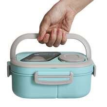 NEUZOJIT 1 Adult Bento Box, Salad Container, Large 40.5 Oz. Salad Bowl, Bento-Style Tray For Toppings, 3 Oz. Sauce Container For Dressing, With Reusable Fork And Knife,Back To School - 藍色 - 查看 9