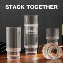 1pc Striped Stacked Glass Bamboo Joint Cup For Coffee, Beverage, Juice, Drink - Clear - View 4