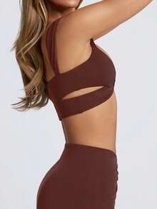 Women Elegant Sexy Hardware Detail Cut-Out Slim Fit Ruched V-Neck Crop Top - 酒紅色 - 查看 5